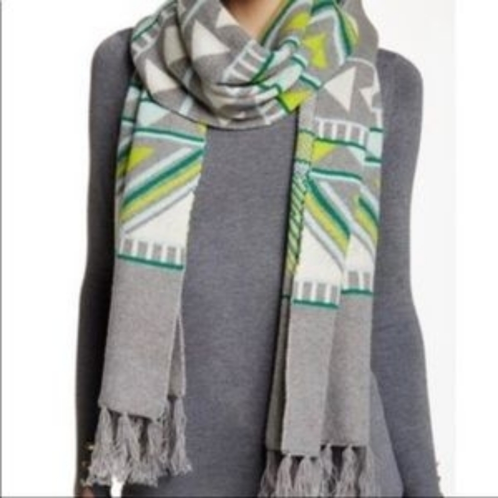 J. Crew Scarf Gray Wool Blend Multi-Color Over-Sized Triangle Print Winter